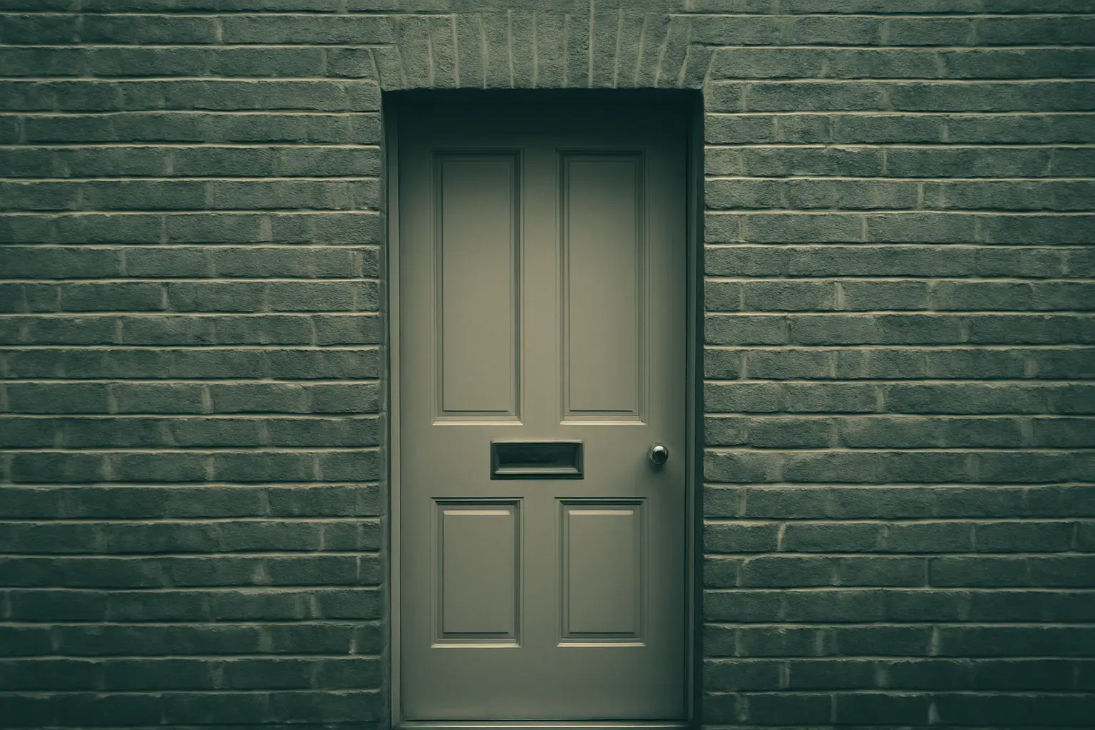 A brick wall with a brass letterbox and a painted door.