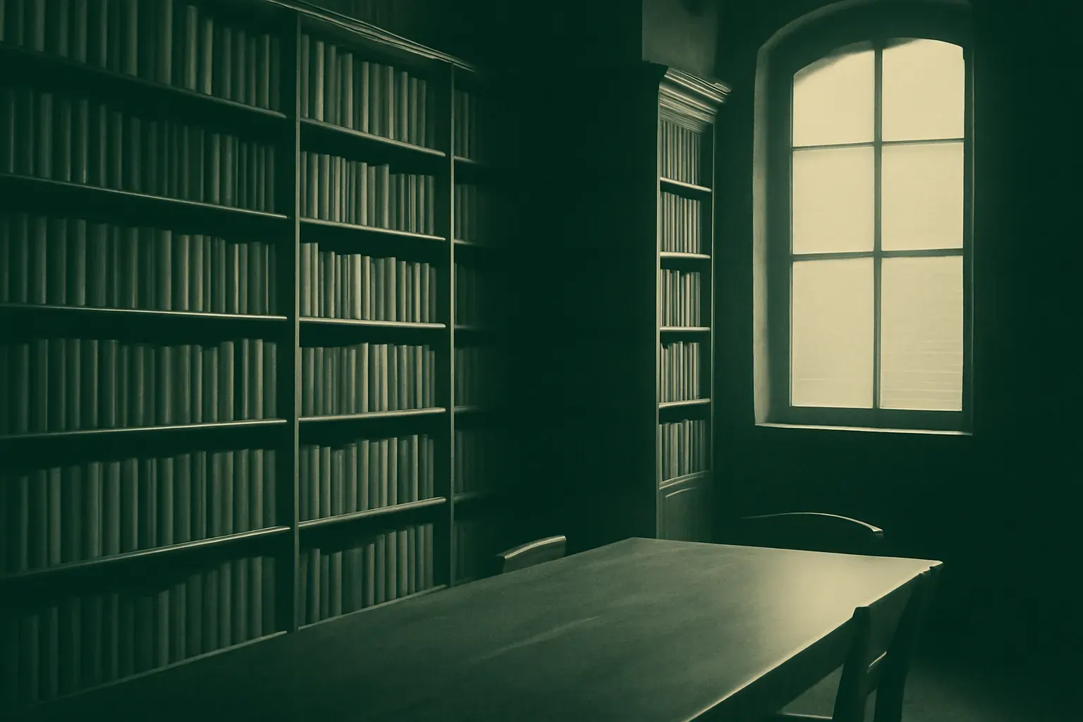 Window light falling across library shelves.