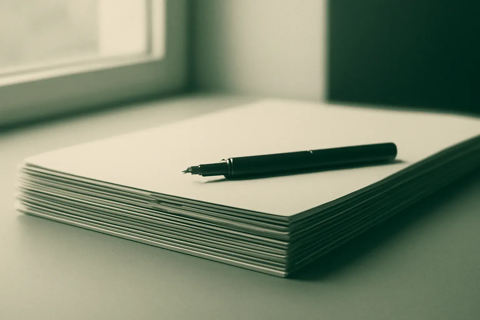 A stack of printed pages beside an unmarked pen.