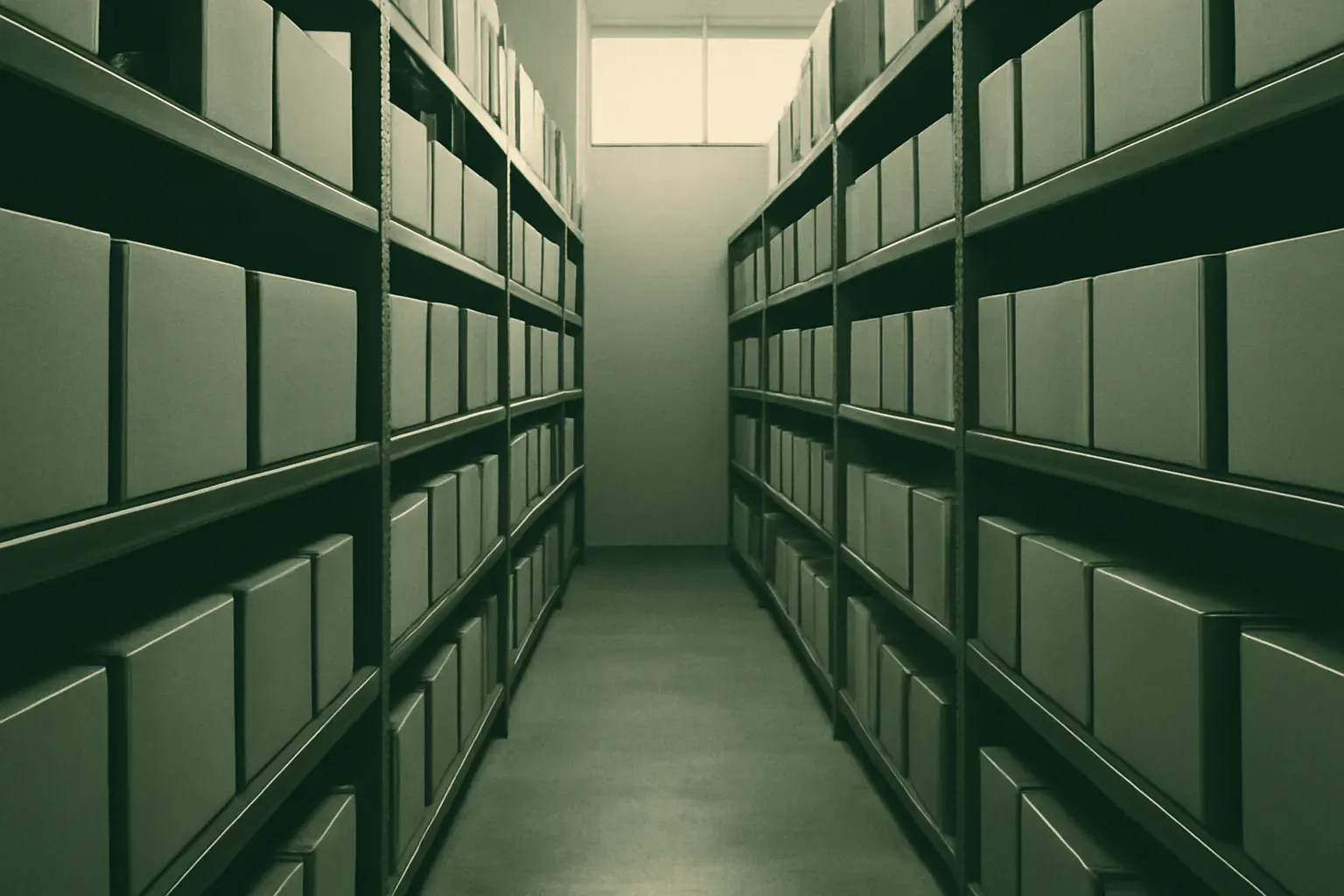 Rows of shelving and boxes in a stockroom, no labels visible.