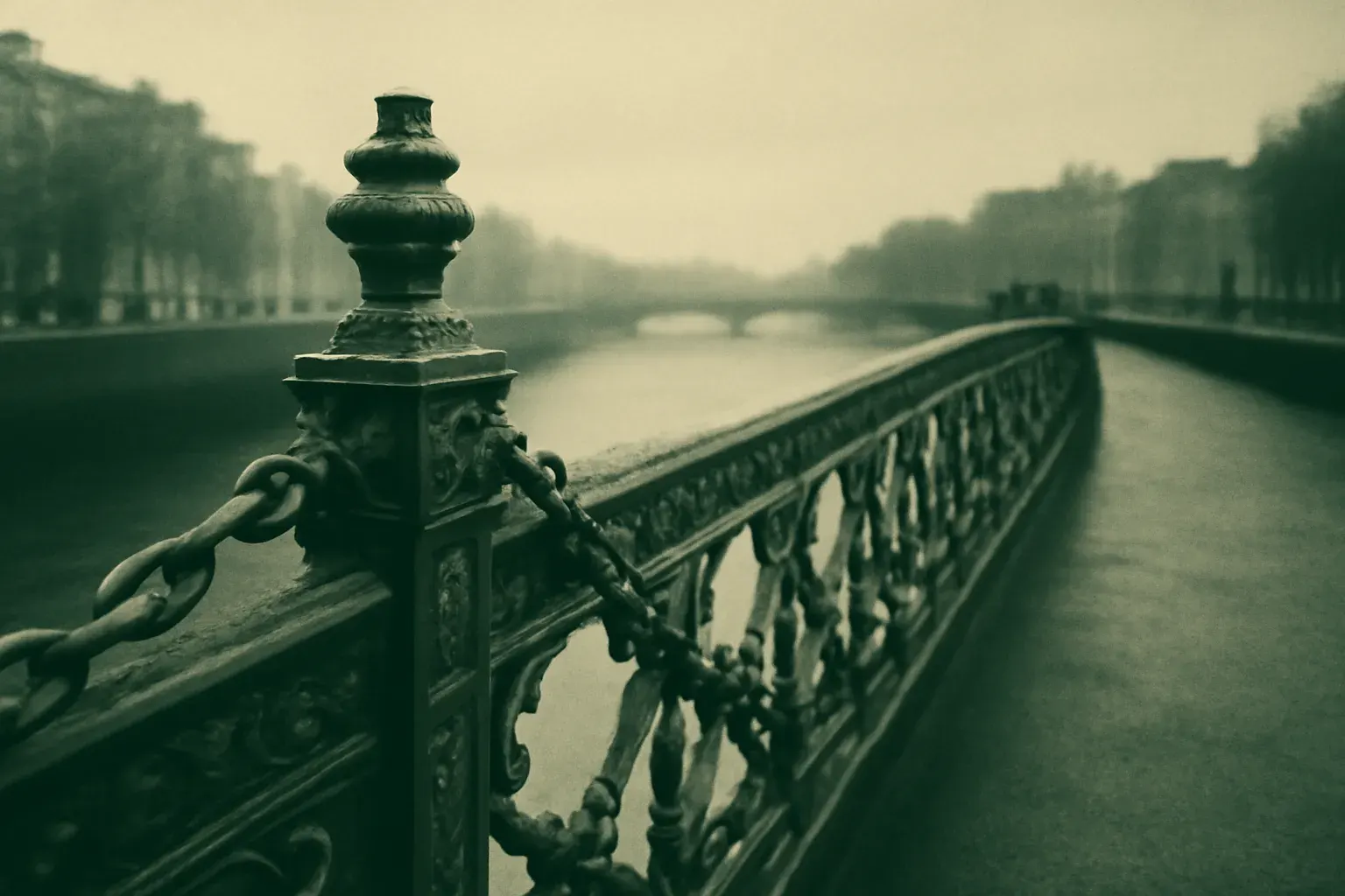 Iron railings linked along a bridge over the Liffey.