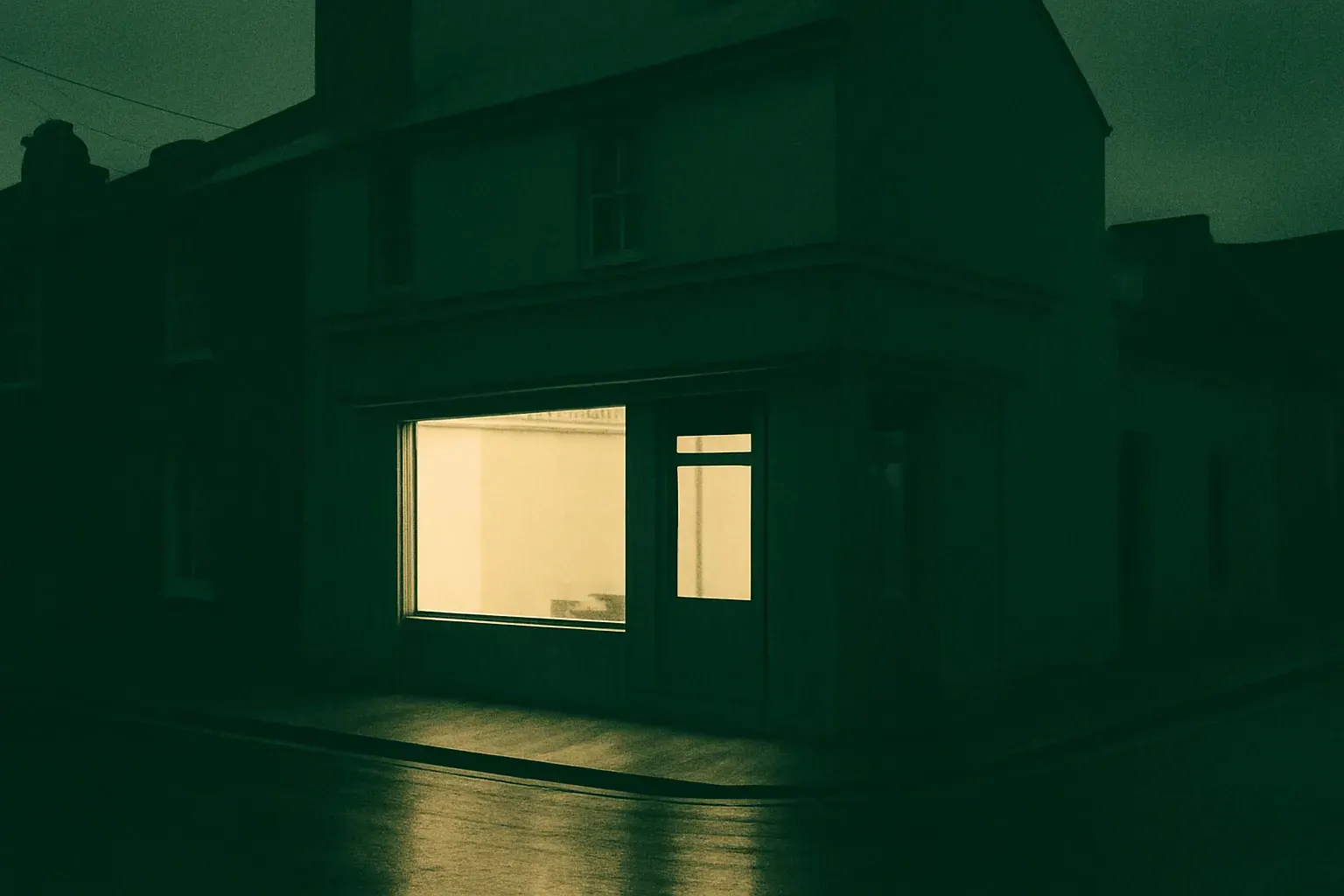A Dublin street corner at dusk, shopfronts lit, no signage readable.