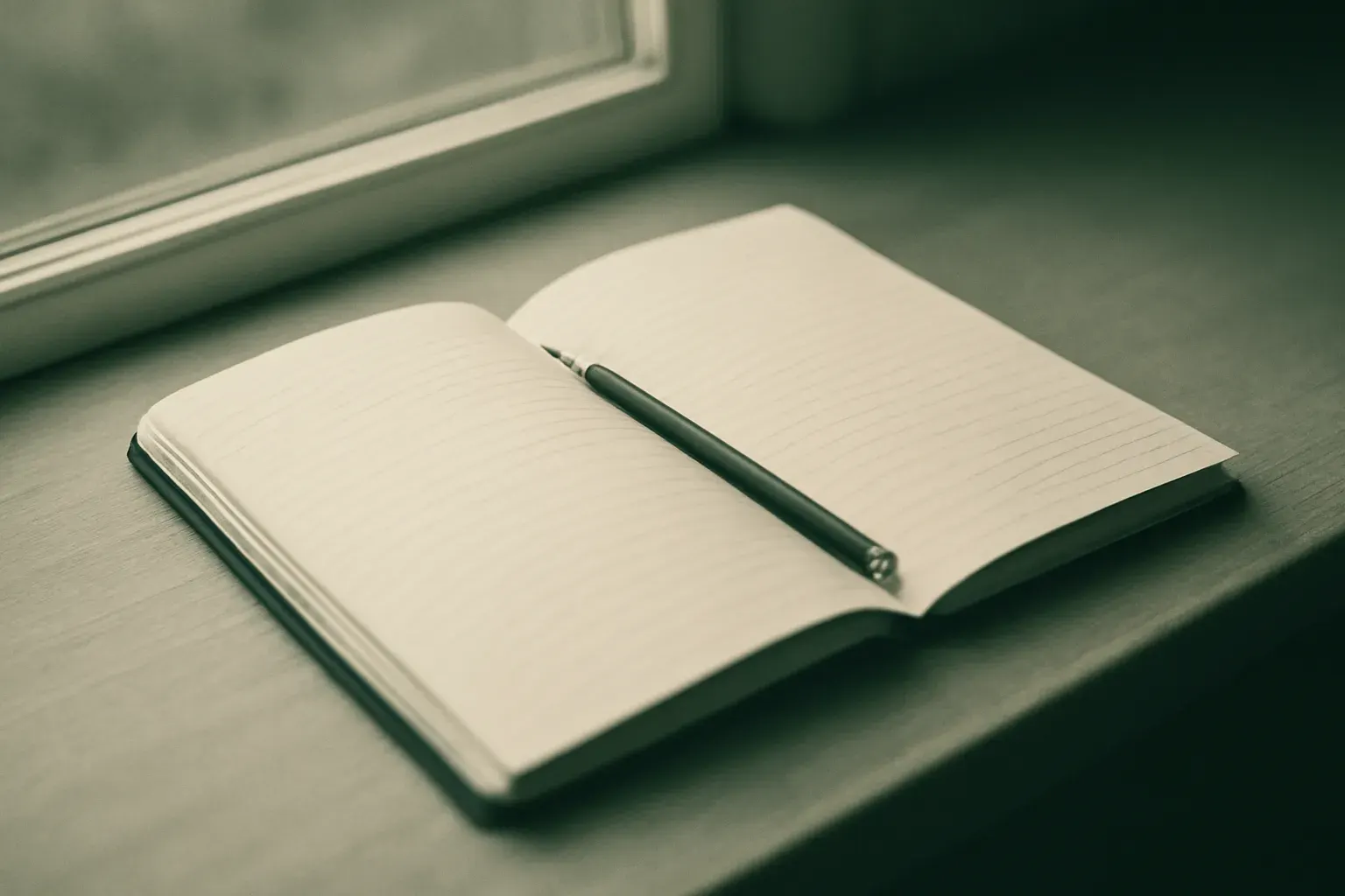 A notebook and pencil on the edge of a desk in window light.