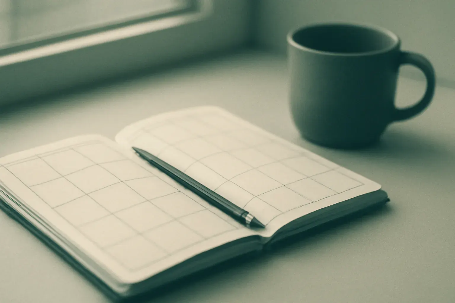 A diary page on a desk, the month grid softly out of focus.